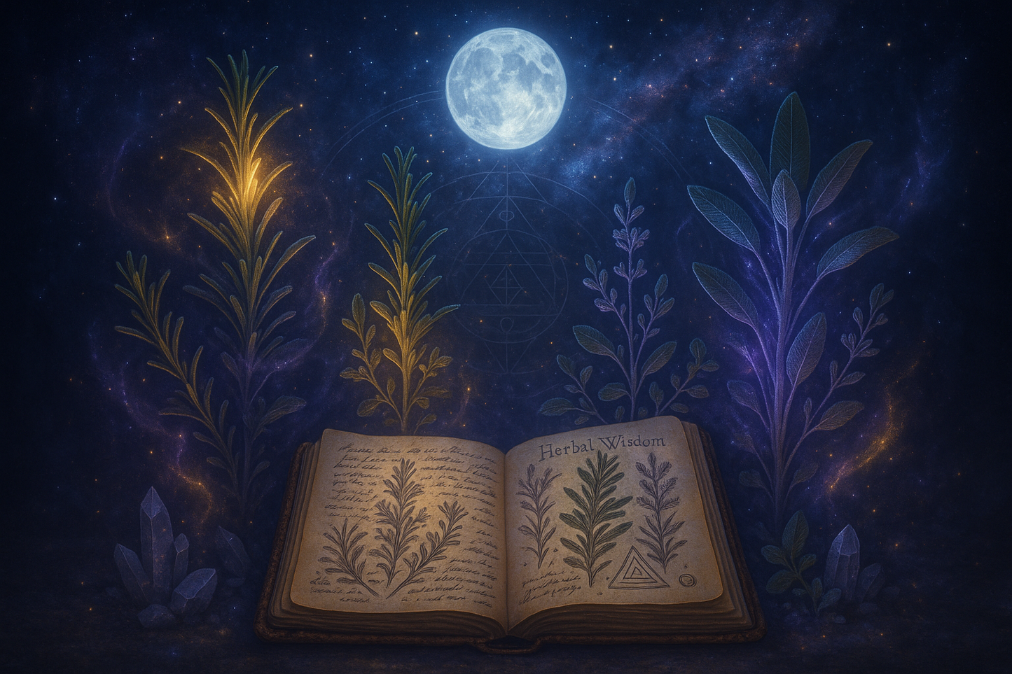 lets show a nice image of a beautiful and cosmic and mystical image of herbs including rosemary and a journal book and it really speaks to the spiritual power of herbs for growth and individual power